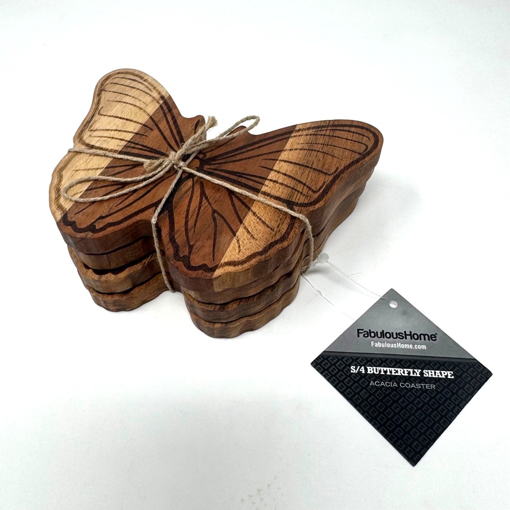 Acacia Wood Butterfly Coasters Set of 4 Brown Natural Grain NEW